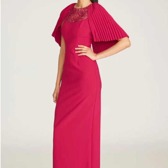 NWT Theia Magenta PLEATED CAPE COLUMN GOWN, size
